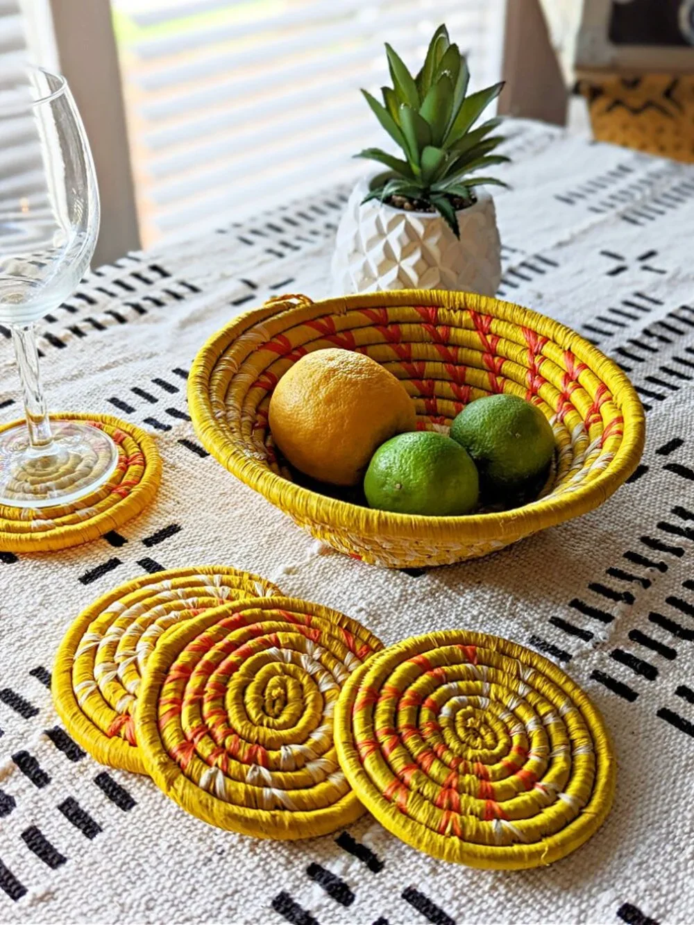 Yellow Woven Raffia Grass Drink Coasters Set of 4 | Bohemian African Decor